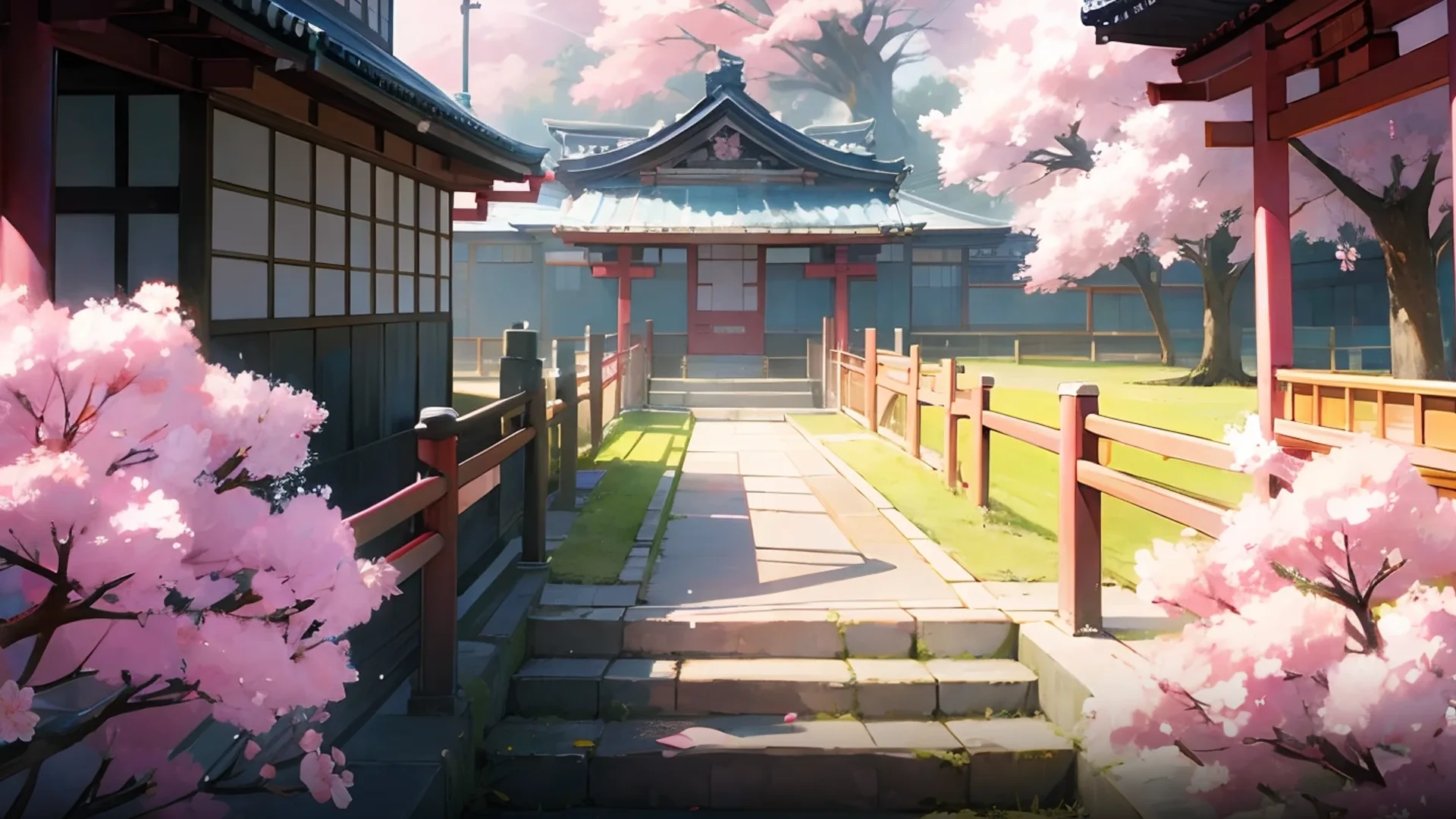 A sunlit path through a village in cherry blossom season